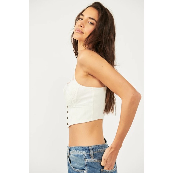 Free People Have My Heart Tank Top White Crop Distressed Ribbed Boxy Lace New - Picture 6 of 11